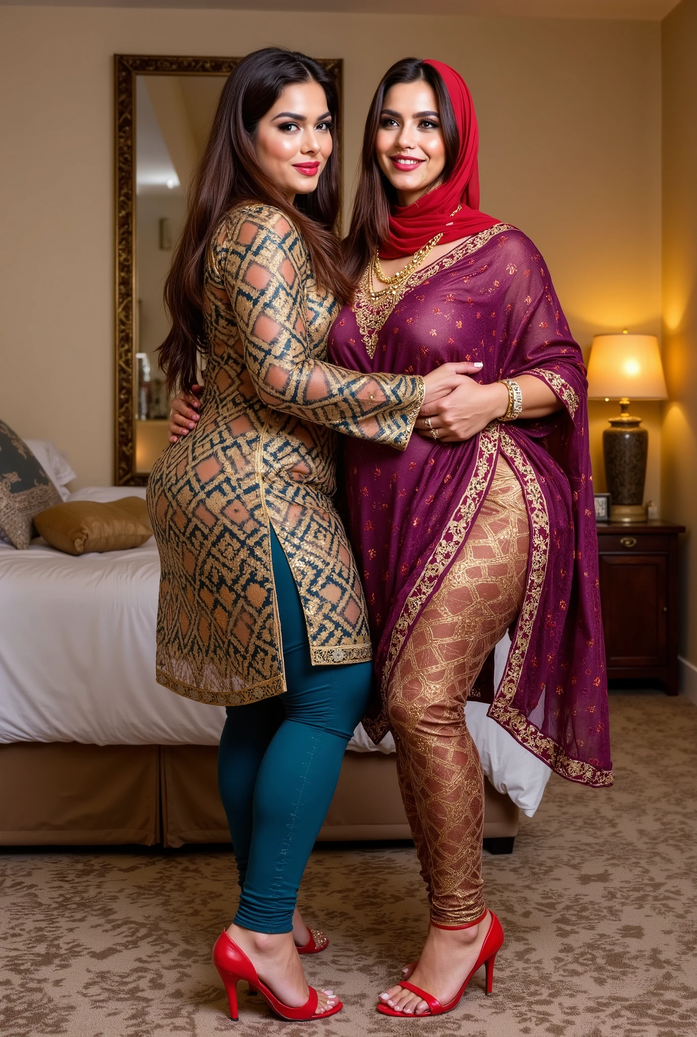 I am 40 year old plus size tall and big giant indian muslim women, looking like indian actress hansika motwani, wearing a gold and black boarded transparent kurti and shining reflective glossy cyan ankle length leggings and red hijab,white-skin,white skin tone, beautiful face, red lips, clean skin, celebrity face, thick leggs, round ass,bulging ass,huge breast, i am hugging another 40 plus size tall and big giant indian wife, looking like indian actress anushka shetty, wearing shining reflective glossy bronze ankle length leggings and purple golden boarded transparent kurti, white skin tone, beautiful face, red lips, clean skin, celebrity face, thick leggs, round ass,bulging ass,huge breast,all indian ornaments like ,gold chain,gold necklace,gold ear ring with chain connect with nose ,nose stud ,auspicious thread in Necklace, Armlet, bangles,red sindur on head,women standing looking the viewer,both women have huge bulging  hips,smiling happy face,red and gold stileto heels,looking straight to camera, realistic photo, looking straight to camera,full body image,wide angle shot in camera, realistic photo,a quarter back side view of women,in a beautiful bed room,both women sitting on knees