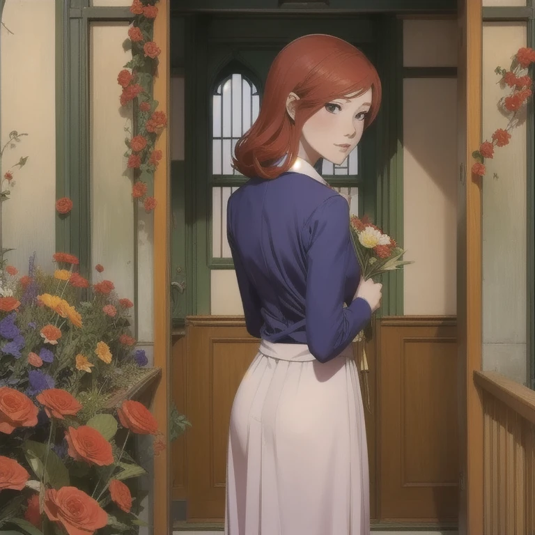 Hanako Arasaka, intimate, to hide,  long red hair , feeling , in love,  wearing school uniforms , standing,  facing the observer's point of view, looking back at the observer ,  holding a bouquet of flowers