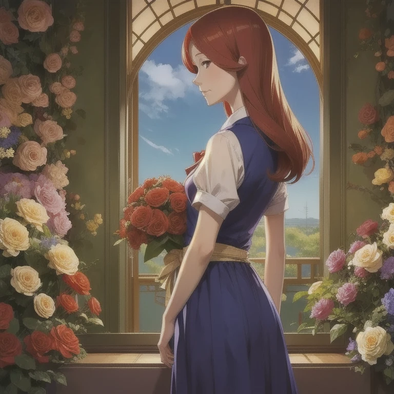 Hanako Arasaka, intimate, to hide,  long red hair , feeling , in love,  wearing school uniforms , standing,  facing the observer's point of view, looking back at the observer ,  holding a bouquet of flowers