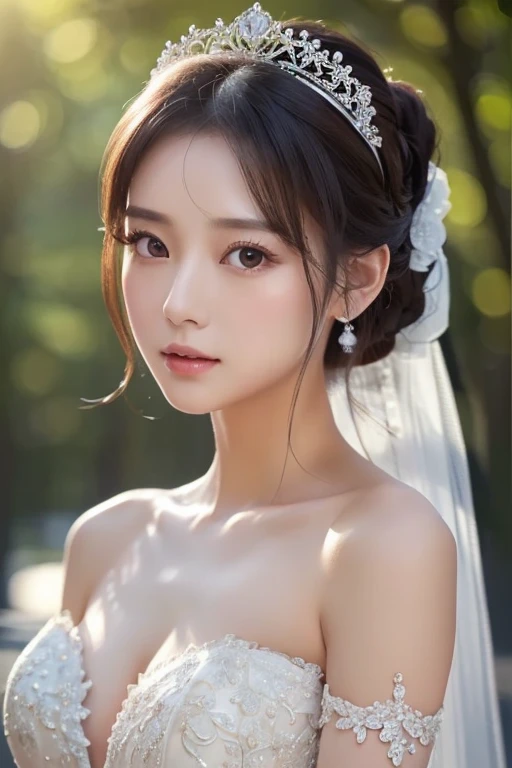 (extremely delicate and beautiful work)、(masterpiece)、Highly detailed wedding dress art neck、Bridal tiara、bridal veil、ponytail、A charming expression、Beautiful and clear eyelid background、mare、super fine painting、delicate face、delicate figure、thin clavicle、beautiful lips、、(8K、Live shooting、highest quality、masterpiece:1.2), (realistic, photorealistic:1.37)、cute type、professional lighting, photon mapping, radio city,  ((Low angle full body shot))、[[[Deep Valley]]]、(The background is the forest:1.2)