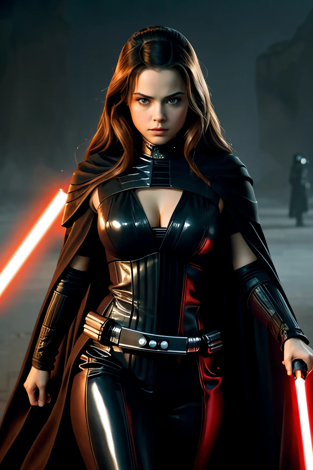 (1girl large breasts), bust upper body shot, Darth Zannah, black robes, star wars, standing, cleavage, midriff, cinematic lighting, epic, inspiring, hdr, highly detailed, cinematic composition, sthoutfit