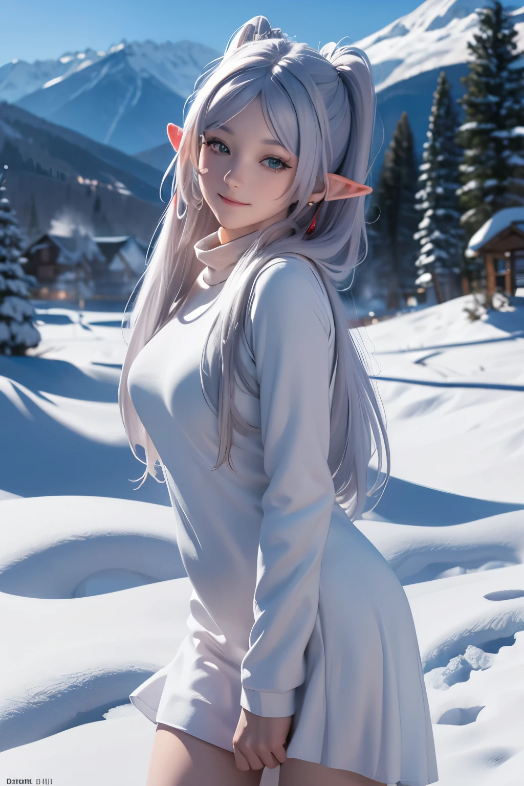 (ultra Realistic) , (illustration), (Enhance resolution), (8k), ( Extremely Detailed), ( detailed face ), Slim Body, in the dark , deep shadow, low profile, pureerosfaceace_v1, Happy smile, Winter, Mountain