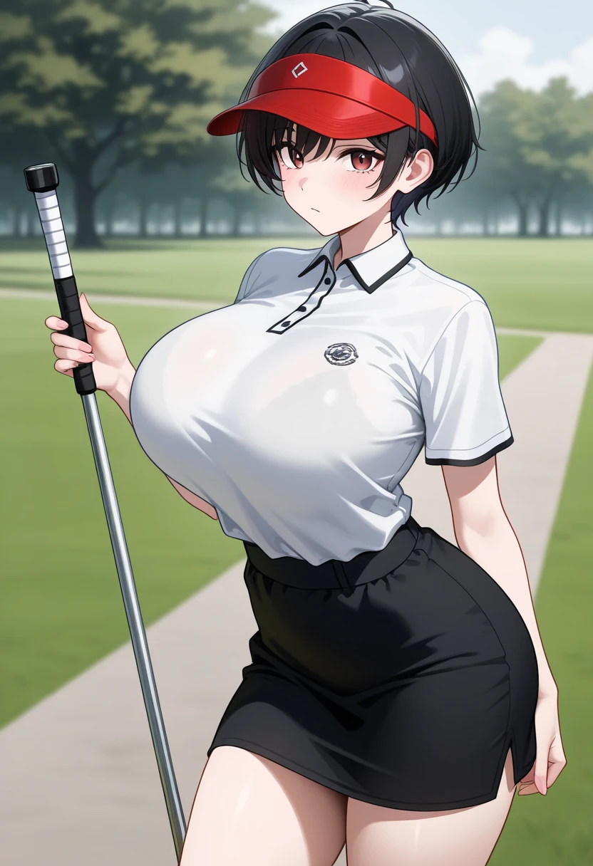 masterpiece, top quality  , safe,  1 girl　cool and handsome boyish 20 year old, , big breasts　 short hair　 slender figure 　nsfw　 is leggy　 thin waist　 golf wear 　Golf Skirt　Outdoor　 golf course　 visor　Putter Golf　 punch　Brasilia　 golf lessons　Middle-aged man　Entertainment golf 
