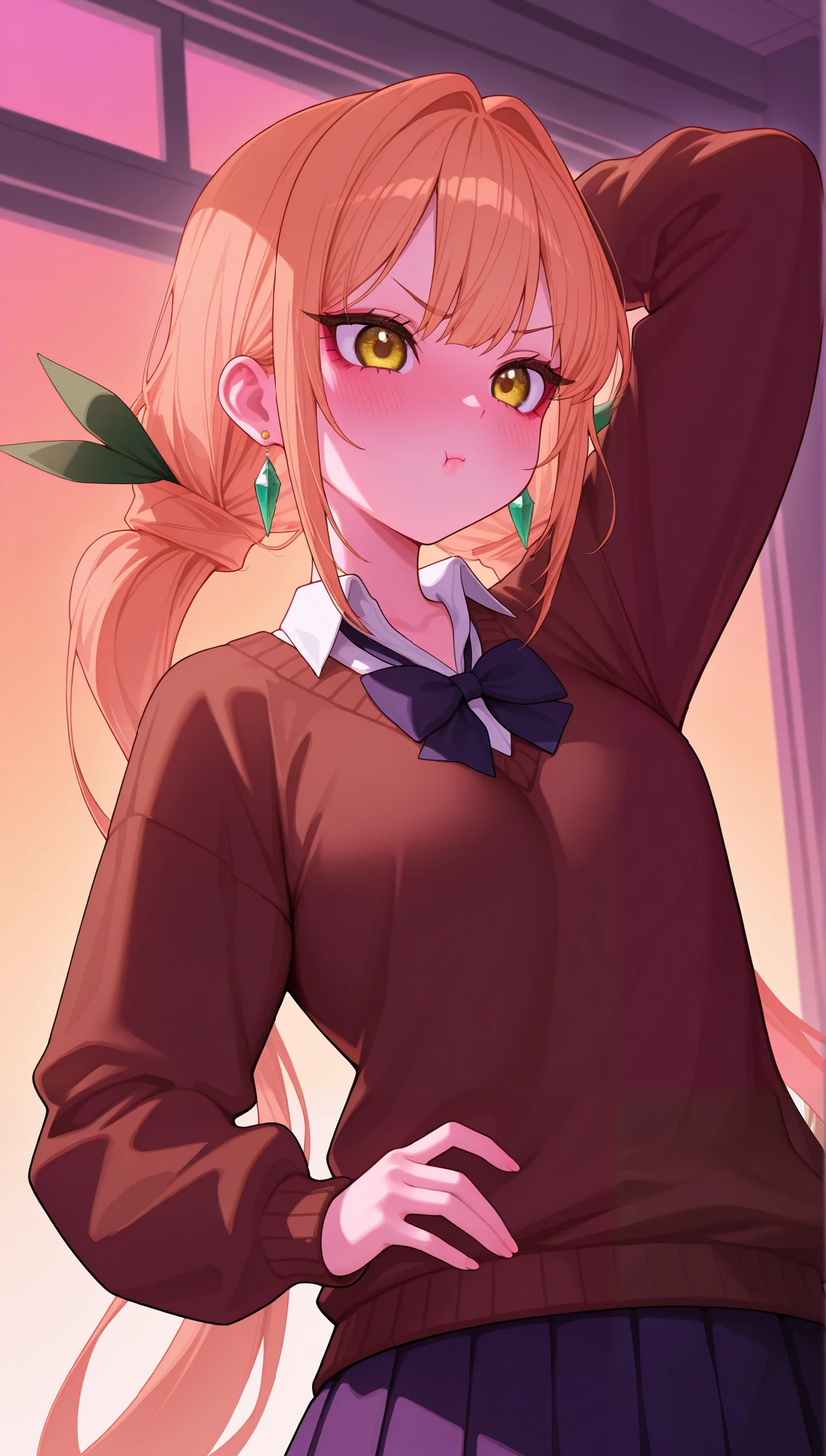 (masterpiece), (portrait), small  (aesthetics), ((1 female 21 years old)), Highlight earrings), ((long hair, bow in her hair)), ((Hot crystal light brown hair, long pigtails, bows in the hair)), ((Karane Inda)) straight hair, thin eyes open, cold look, yellow eyes, cute, , blushing, making a cute angry pout, lane, woman, feminine, beautiful, female features, top, high quality, aesthetic clothing, professional angle, (rule of thirds), (feminine), , (beautiful) , (female), solo, (Korean attractive), summer, (ink haze), (afternoon), (vibrant light),  posture, ((face looking forward))), Karane Inda, school uniform, brown sweater long sleeves, pleated skirt, sensual ((Energy)), (Bold Makeup), (), Fair Skin, (Clothes with Hip Hop Details), (a hot Karane Inda, sculptural body,  pose), (Sleep Neckline), Beautiful Hands, Body beautiful, beautiful ears, beautiful eyes, bright eyes, beautiful mouth, beautiful lips, classroom