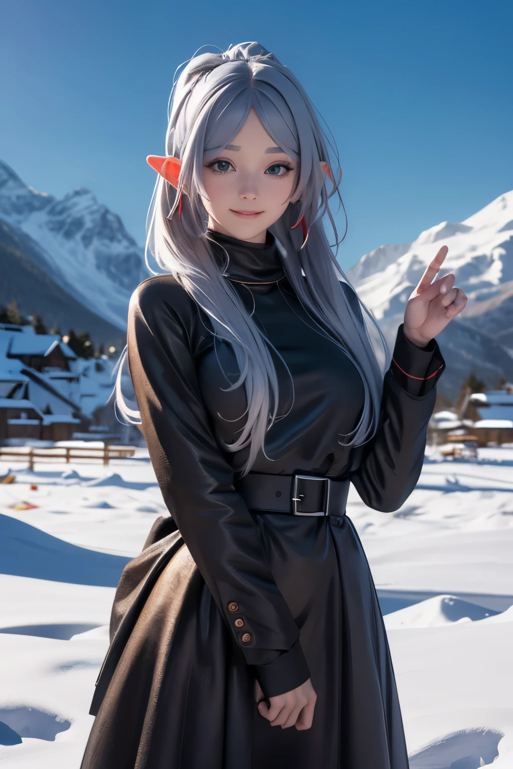 (ultra Realistic) , (illustration), (Enhance resolution), (8k), ( Extremely Detailed), ( detailed face ), Slim Body, in the dark , deep shadow, low profile, pureerosfaceace_v1, Happy smile, Winter, Mountain