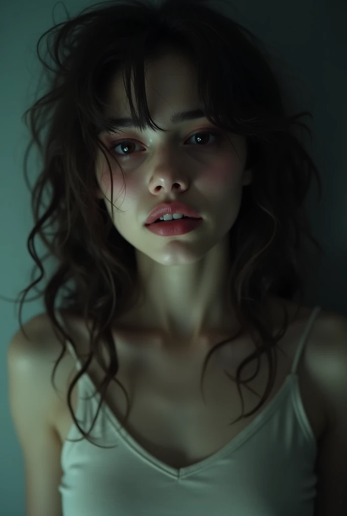 (tall woman with slim figure), (she sits in the pool in rainy weather), ((dark red very long hair)), (small head), ((detailed realistic face and eyes)), cinematic lighting, 8K resolution, ((long white shirt)), ((very wet shirt)), ((wet hair)), (she pulls down the shirt)