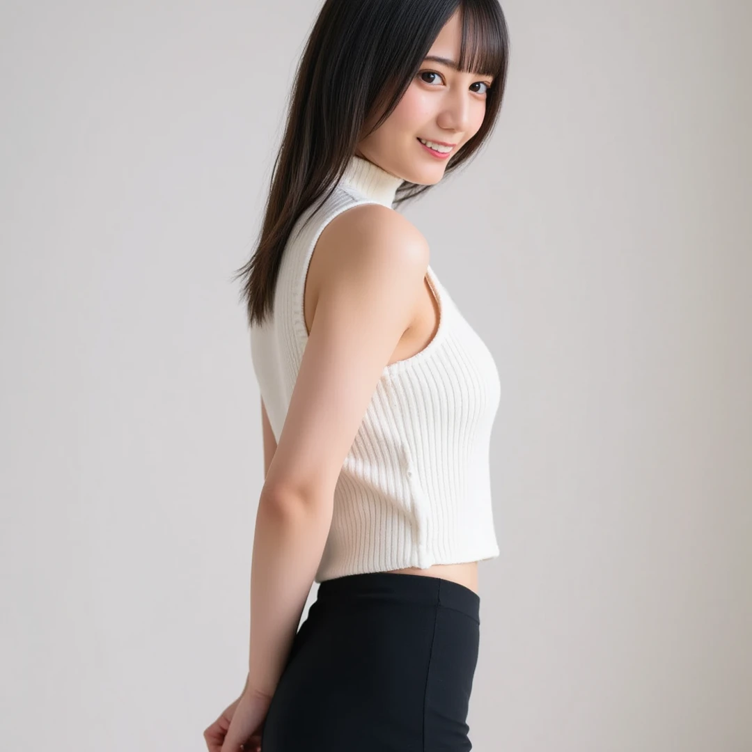 ((( High resolution,top quality, super detailed, Masterpiece , very detailed,realistic,real person,Ultra detailed skin))) ,simple background, from front, medium shot, looking at viewer , light smile, (standing), arms behind back, black hair, medium hair, medium breasts, cleavage, white sweater,turtleneck,sleeveless,(cleavage cutout:1.5), black tight skirt