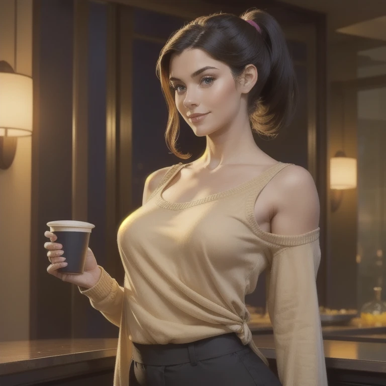  Photo of a beautiful woman standing at the bar of a modern hotel in the city, ( masterpiece :1.2,  highest quality), (realistic, photorealistic:1.4), Beautiful illustrations , ( Natural Side Lighting ,  Cinema lighting ),  written limit depth ,  Beautiful thighs looking at the viewer , ((( focus on the face,  upper body ))), 1 female,  20 years old, Alone, Tune, thin,  small breasts !!!, ponytail,  half-tied hairstyle ,  different hairstyles , Tune, thin, (((cups))),  shoulder to shoulder sweater , Skinny black pants ,  half a smile, They are standing, portrait