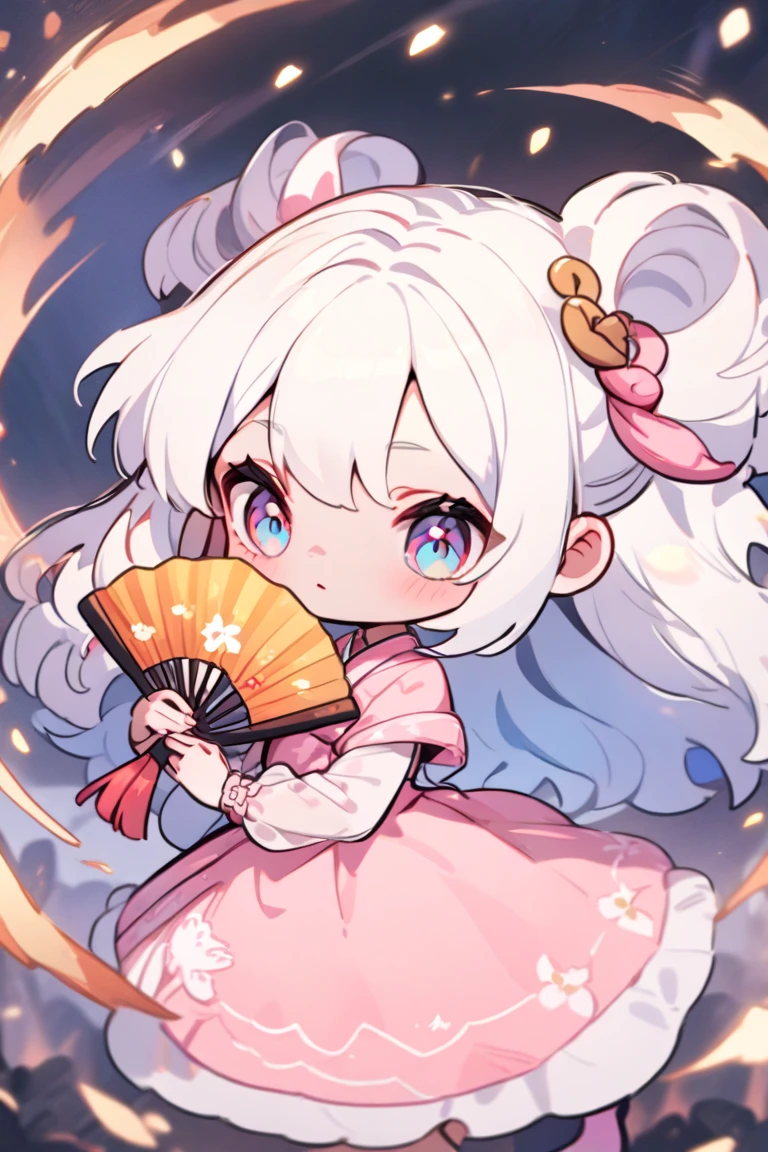  A girl in a pink dress with white hair holding a fan, Chibi anime style the background should be pink and blue 