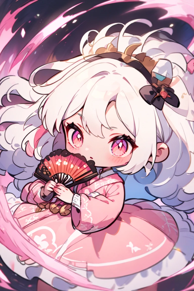  A girl in a pink dress with white hair holding a fan, Chibi anime style the background should be pink and blue 