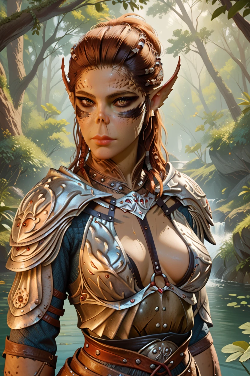 , BGLAezel captured by goblins,  Medieval environment, 1 girl,  brown hair ,  colored leather ,  pointy ears ,  looking at the viewer, In an ancient forest,  bikini armor, stupid 