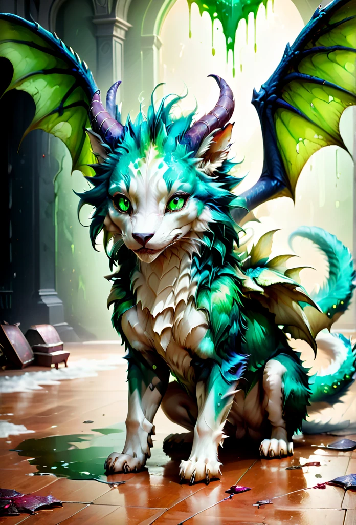 darra, female, full body,feral, furred dragon, female, white and blue fur with green blood stains on the fur, wings, horns, tail, chest fluff, paws, fangs, ton back, faded blue eyes, a quadruped creature, detailed fur, intricate textures, detailed background, space, battlefield, (((green blood stains on the fur))), (((pieces of meat around on floor))),  (((bones  around on floor))),(((puddles of green blood on floor))), dramatic lighting, muted color palette, cinematic composition, ultra-detailed, 8k, photorealistic, masterpiece