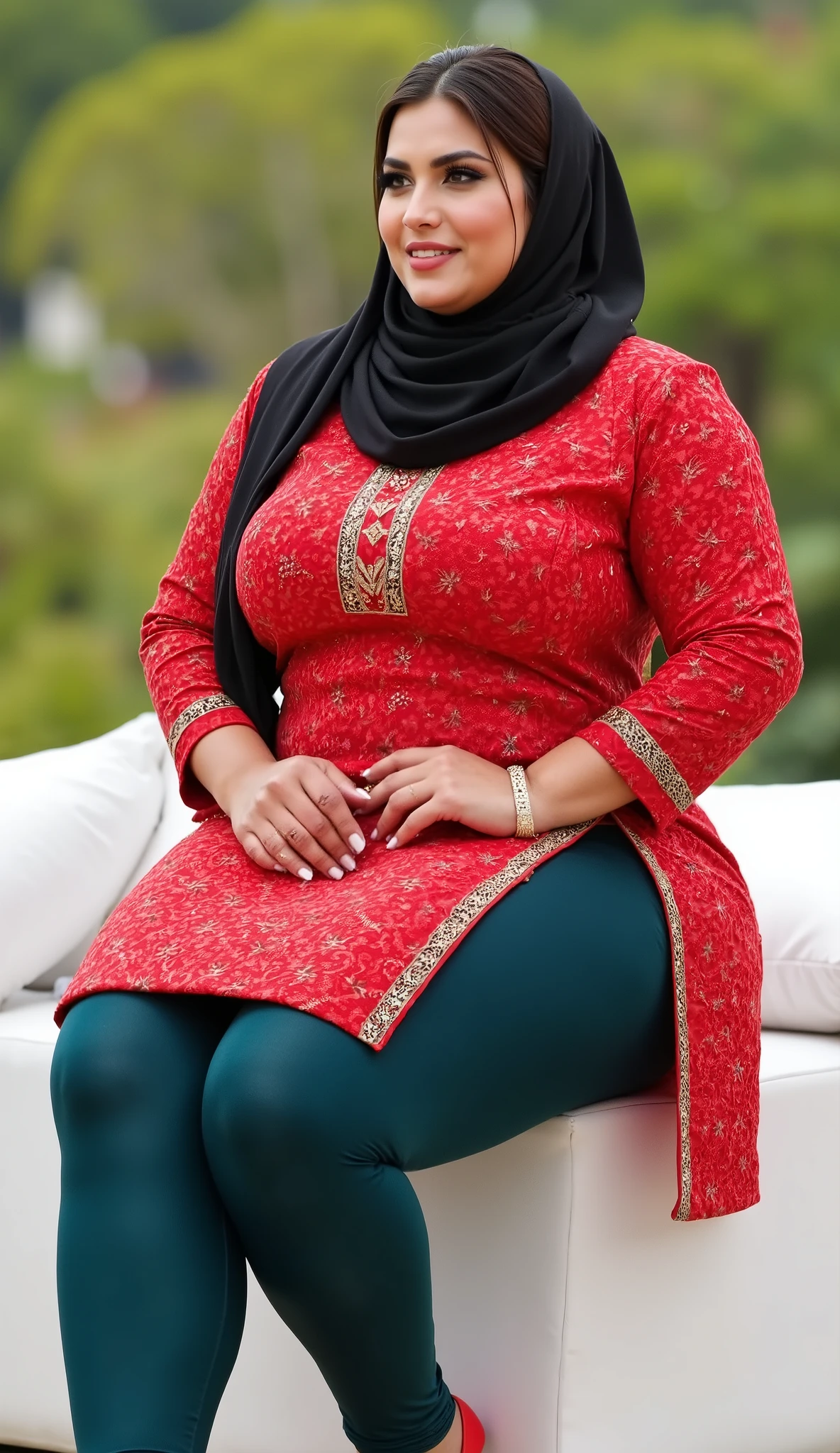 I am 50 year old plus size tall and big giant indian muslim women, looking like indian actress hansika motwani, wearing a red colour indian printed Sleevless knee length kurti and shining reflective glossy teal leggings and black hijab,white-skin,white skin tone, beautiful face, red lips, clean skin, celebrity face, thick leggs, round ass,bulging ass,huge breast,scooping D cup Breast,long polished nails,6 inch gold and red mix stileto heels,women sitting on a stool side view only in garden,women have huge bulging ass, happy face,looking the viewer,realistic photo,full body image,wide angle shot in camera, realistic photo,three african black men wearing under wear only standing very close to women,all are looking on camera for a snap,a quarter back side view of women,UHD photo