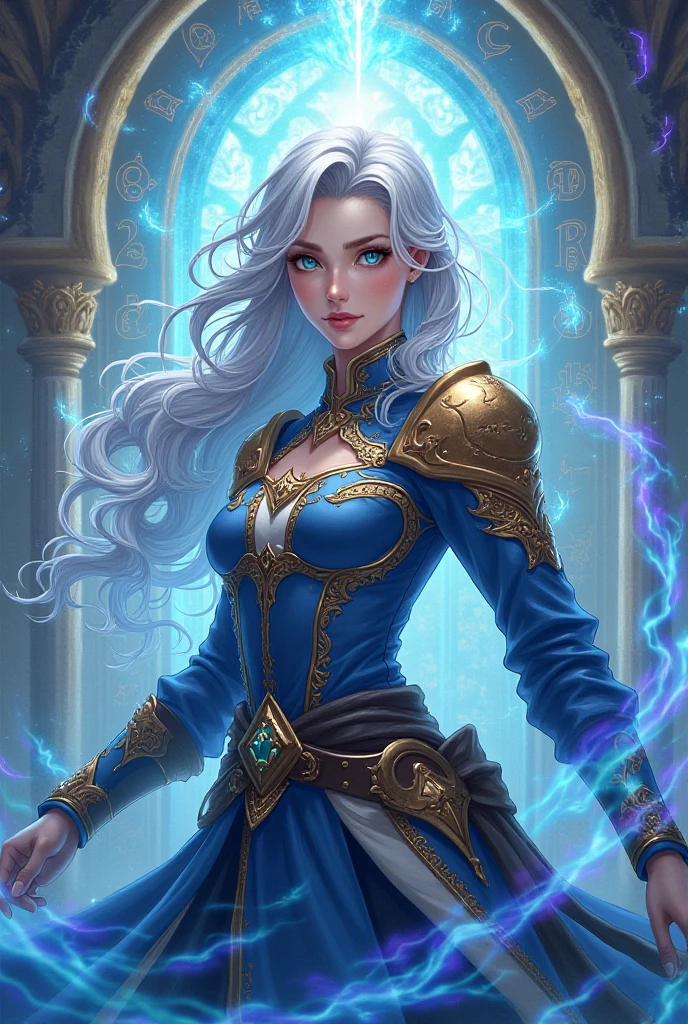 arafed high details, best quality, 16k, [ultra detailed], masterpiece, best quality, (extremely detailed), dynamic angle, ultra wide shot, photorealistim, RAW, fantasy art, dnd art, fantasy art, realistic art, a wide angle picture of a female aasimar sorceress casting a lightning spell, full body (intense details, Masterpiece, best quality), D&D aasimar, exremley beautiful female aasimar, silver hair, long hair, wavy hair, dynamic eyes color, angelic eyes, radiant magical eyes, ultra detailed face (intense details, Masterpiece, best quality), spread angelic wings, white angelic wings (intense details, Masterpiece, best quality), wearing [black] robe, wearing blue cloak, long cloak, flowing cloak with lightning motifs (intense details, Masterpiece, best quality), armed with magical staff (intense details, Masterpiece, best quality), manipulating lightning magical energy (intense details, Masterpiece, best quality), controlling lightning, dark fantasy magical tower background, evil temple background (intense details, Masterpiece, best quality), rpg portrait, LightningMagicAI, Cinematic Hollywood Film, feathered wings