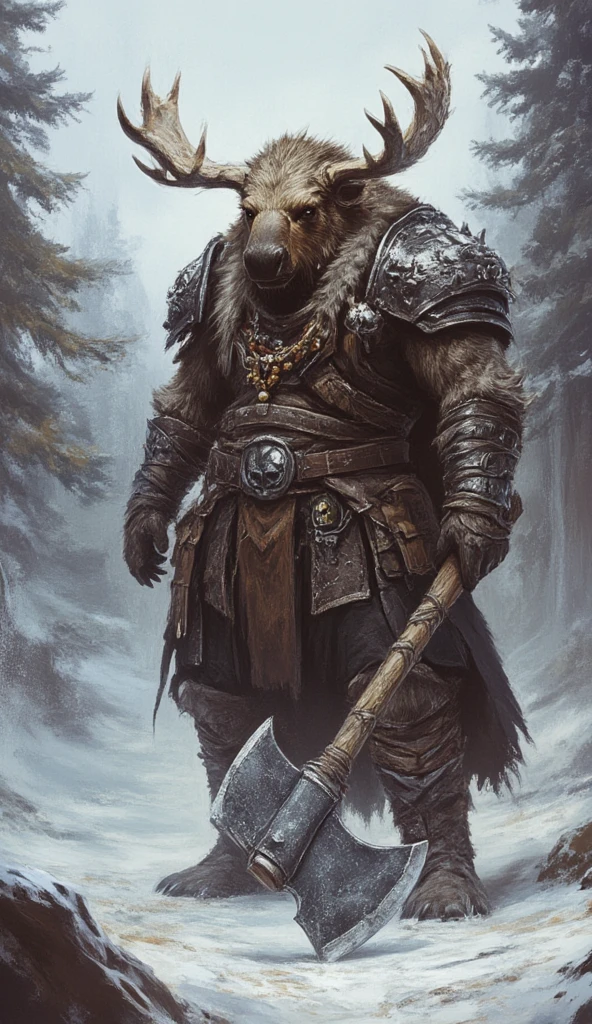 A strong moose warrior in fur-lined armor, carrying a large axe, standing in a snowy pine forest.