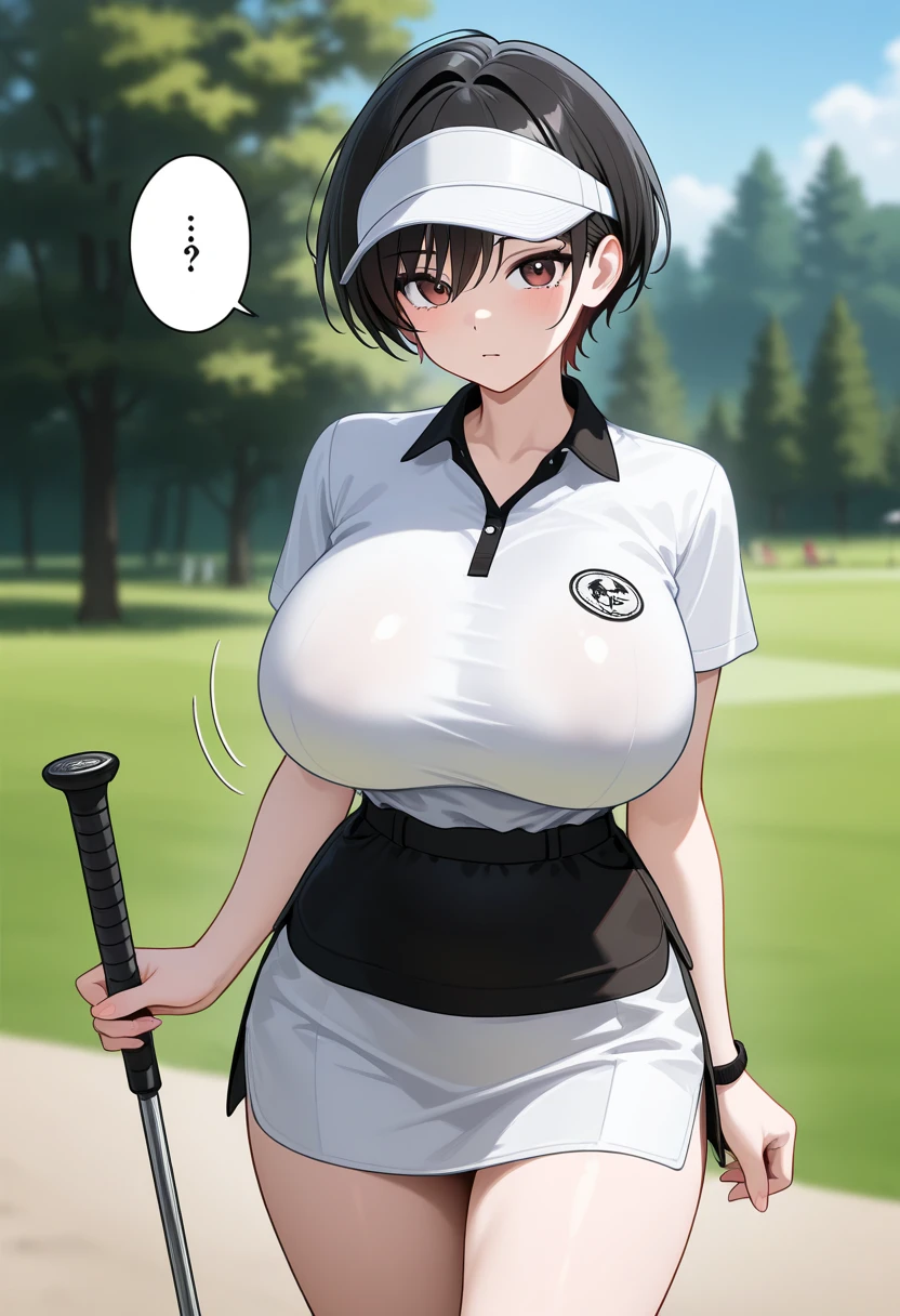 masterpiece, top quality  , safe,  1 girl　cool and handsome boyish 20 year old, , big breasts　 short hair　 slender figure 　nsfw　 is leggy　 thin waist　Open neckline golf wear　Golf Skirt　Outdoor　 golf course　 visor　Putter Golf　 punch　Brasilia　 golf lessons　Middle-aged man　Entertainment golf 
