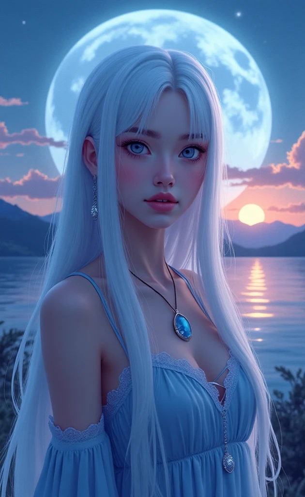 Original characters, natural volumetric lighting and the best shadows, tight dress, deep depth of field, sharp focus, incredibly beautiful short girl portrait, beautiful and delicate and attractive face with seductive blue eyes, adorable small breasts, crisp eyeliner, windswept shaggy white hair, medium hairstyles in thick layers, blush eyeshadow with thick eyelashes, half-open lips,  Gorgeous school suit, (sitting on the moon/stars/clouds stamped lovely stone: 1.2), (highest quality, amazing details: 1.4), masterpiece, flower, picturesque and bright colorful paintings
