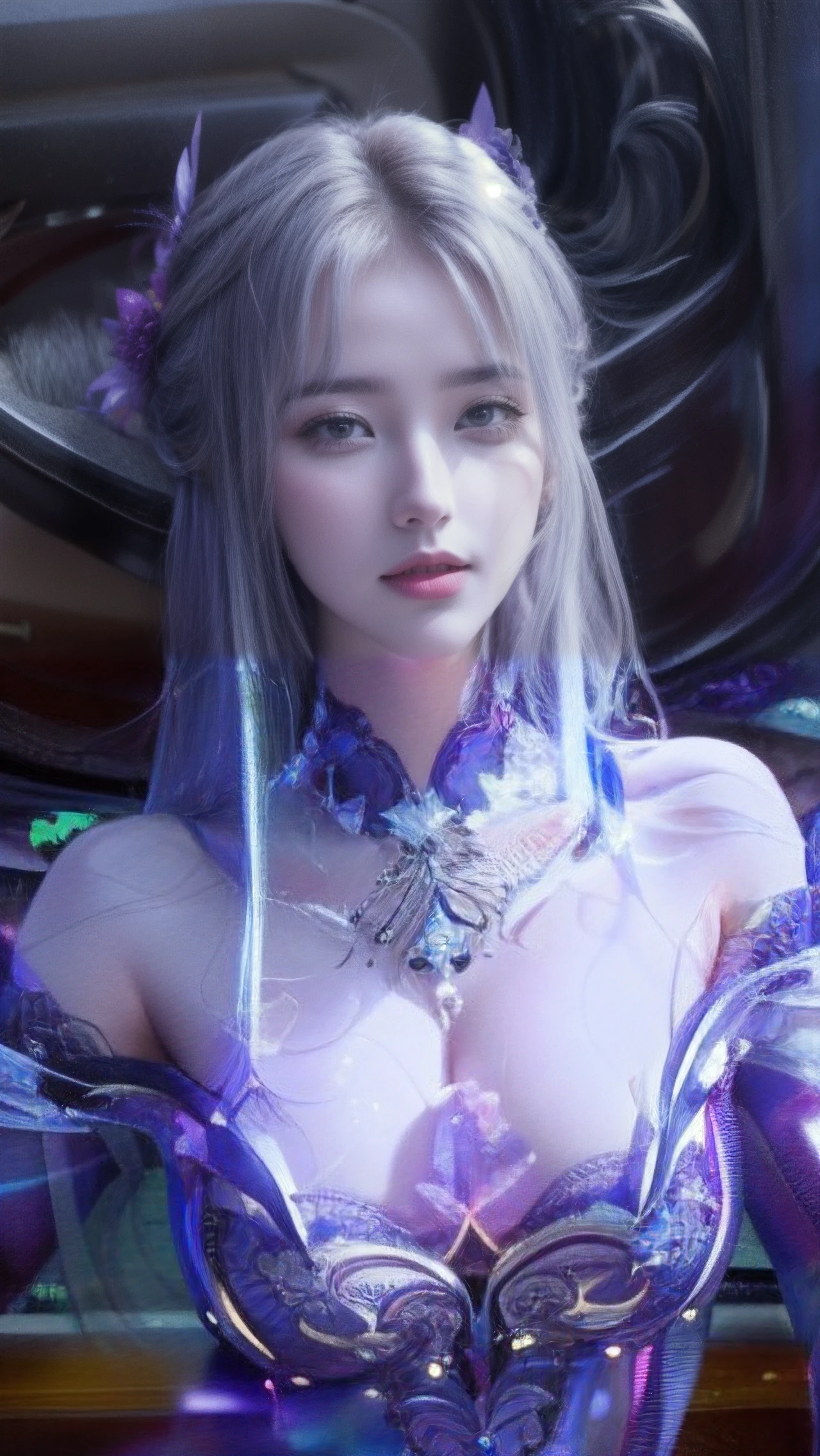 "1 Beautiful girl in traditional clothes, a long thin Light blue dress made of meticulously made silk, Deep slit shirt, long hair and silver bangs with a hint of Light blue, the most beautiful、The most exquisite hair accessories, Pretty little face and thin eyebrows, the most beautiful、The cleanest face, ((Black Iris:0.8)), Very beautiful eyes, Big round eyes, ((Purple Eyes:1.1)), Exquisite makeup eyelashes, high nose, Wearing earrings, Little Red Lips, rosy face, clean face, beautiful and flawless face, Light滑白皙的皮肤, ((Huge breasts:1.2)), Bloom , ((Big, round breasts:0.9)), ((Super firm breasts:1.2)), ((Breast enlargement: 0.8)), Beautiful breasts, slim, ((Thin waist: 0.9)), Beautiful girl upper body, Sexy Girls, skirt, 8K photo, super high quality, Super realistic, 10x super pixels, photo般逼真, Dark Studio, border Light, two tone Light, (Detailed skin high: 1.2), 8K Ultra HD, Digital SLR Camera, soft Light, high quality, volumetric Light, frank, photo, high resolution, Light, 最好的photo, 4k picture quality, 8k, Bokeh, Light滑锋利, 10 times more pixels, (Background Space: 1.8), (galaxy: 1.7), 极Light, Lightning, Super Graphics, The most realistic graphics,(极Light背景: 1.8), solitary, solitary, Extremely sharp, Super realistic images."full-body shot。Toes visible。Visible sole。Jade Foot。