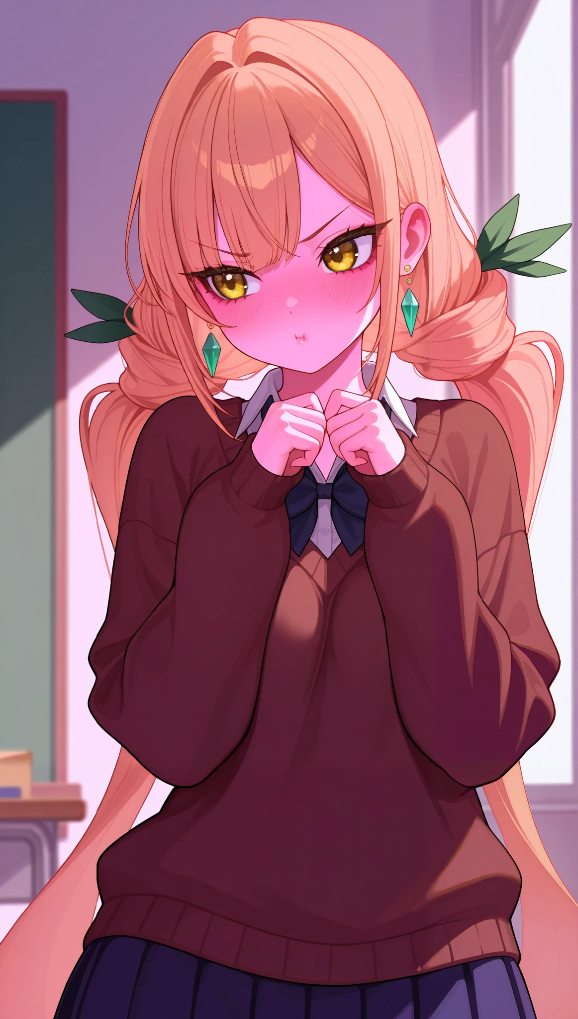 (masterpiece), (portrait), small  (aesthetics), ((1 female 21 years old)), Highlight earrings), ((long hair, bow in her hair)), ((Hot crystal light brown hair, long pigtails, bows in the hair)), ((Karane Inda)) straight hair, thin eyes open, cold look, yellow eyes, cute, , blushing, making a cute angry pout, lane, woman, feminine, beautiful, female features, top, high quality, aesthetic clothing, professional angle, (rule of thirds), (feminine), , (beautiful) , (female), solo, (Korean attractive), summer, (ink haze), (afternoon), (vibrant light),  posture, ((face looking forward))), Karane Inda, school uniform, brown sweater long sleeves, pleated skirt, sensual ((Energy)), (Bold Makeup), (), Fair Skin, (Clothes with Hip Hop Details), (a hot Karane Inda, sculptural body,  pose), (Sleep Neckline), Beautiful Hands, Body beautiful, beautiful ears, beautiful eyes, bright eyes, beautiful mouth, beautiful lips, classroom
