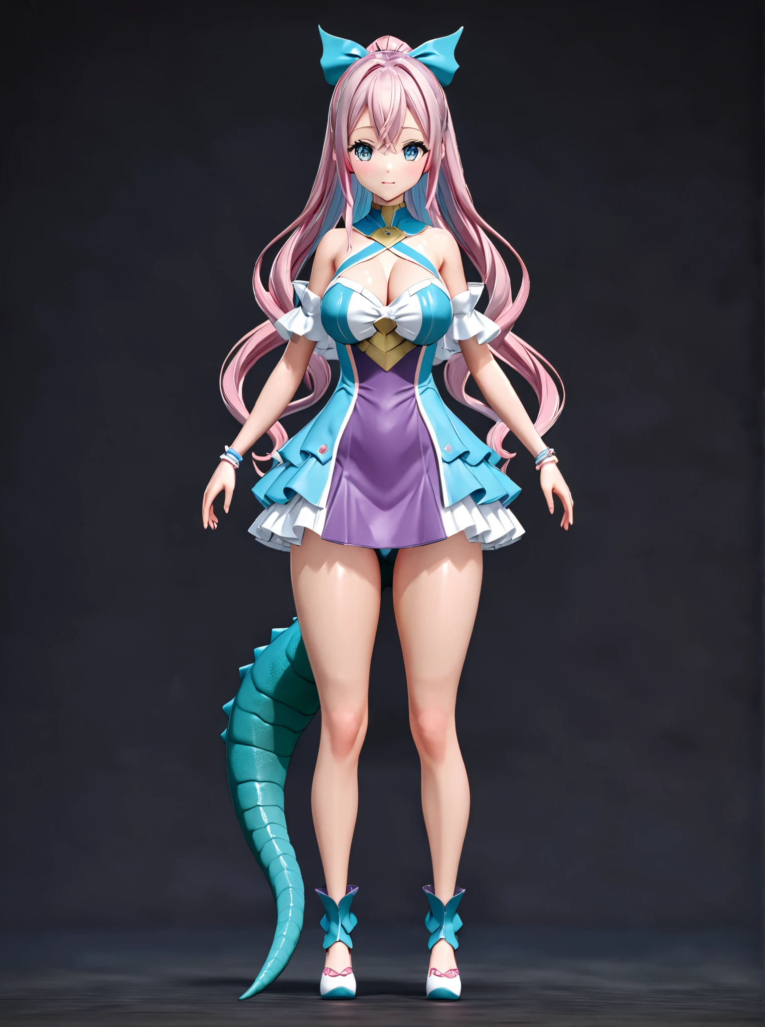 anime girl in a purple dress with a dinosaur tail and feet, anime vtuber full body model, oppai proportions, 3d anime girl, anime styled 3d, pink twintail hair and cyan eyes, sfw version, humanoid pink female, cell shaded adult animation, render of a cute 3d anime girl, whole body highly detailed