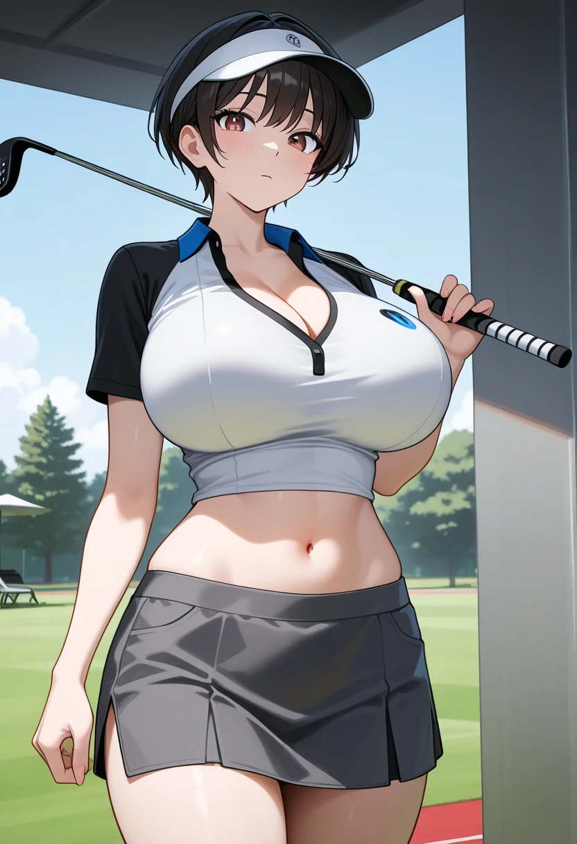 masterpiece, top quality  , safe,  1 girl　cool and handsome boyish 20 year old, , big breasts　 short hair　 slender figure 　nsfw　 is leggy　 thin waist　Open neckline golf wear　Golf Skirt　Outdoor　 golf course　 visor　Putter Golf　 punch　Brasilia　 golf lessons　Middle-aged man　Entertainment golf 　
