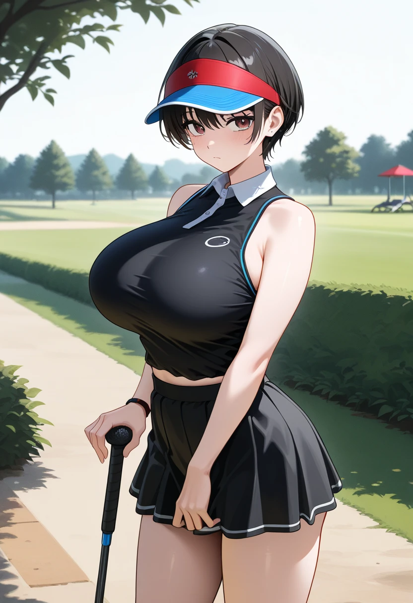 masterpiece, top quality  , safe,  1 girl　cool and handsome boyish 20 year old, , big breasts　 short hair　 slender figure 　nsfw　 is leggy　 thin waist　Open neckline golf wear　Golf Skirt　Outdoor　 golf course　 visor　Putter Golf　 punch　Brasilia　 golf lessons　Middle-aged man　Entertainment golf 　
