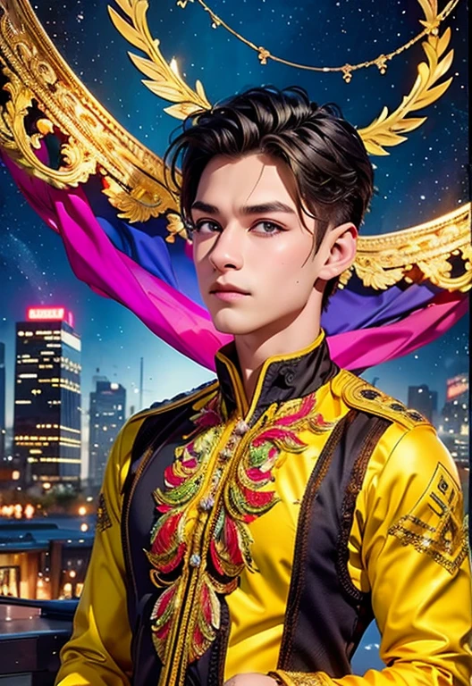  High-quality masterpiece ,  official art ,  Beautifully aesthetically pleasing , 1 Alibaba guy,  highly detailed ,  fractal art , A colorful masterpiece, The most detailed. boy flies on a magic airplane carpet over a modern city with skyscrapers! bright , sparkling golden background, gallactica  ,  stars , confuse, A whirlwind of colors , A fantasy masterpiece , soft smile,  pupils in the center of the eyes