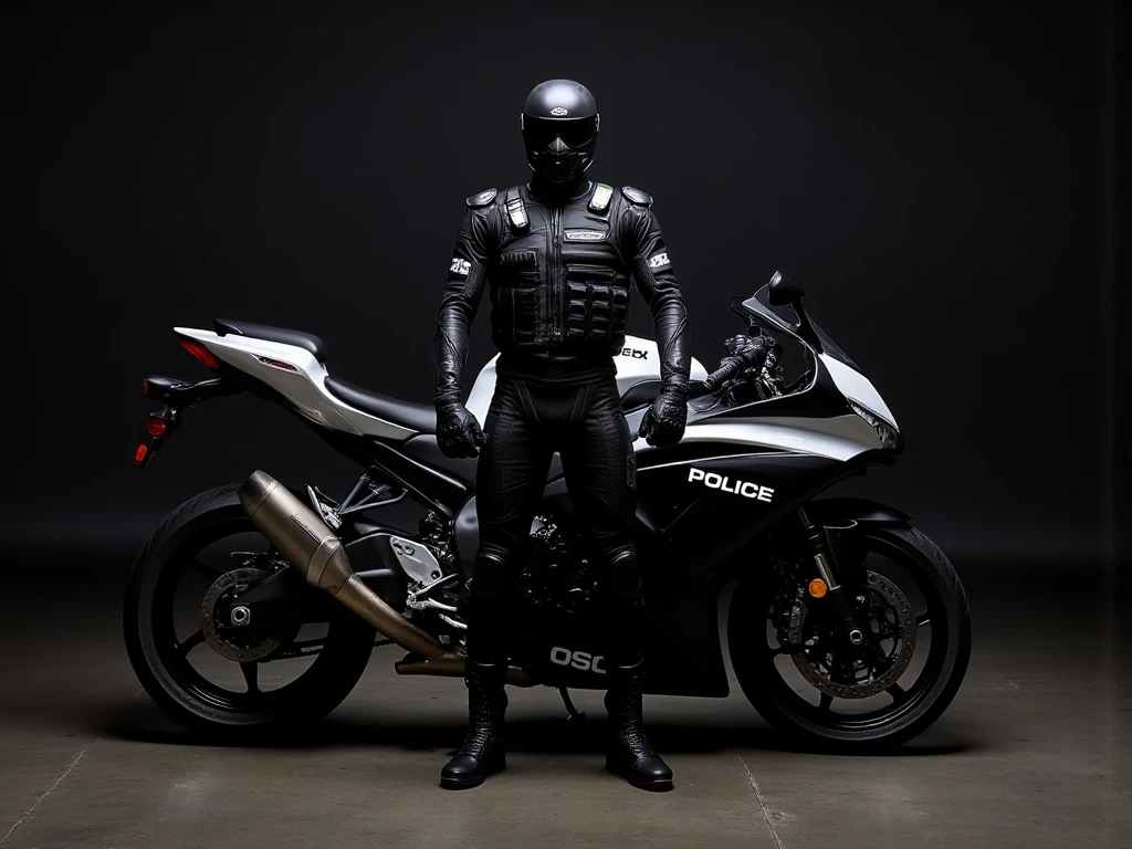 A full-body image of a muscular adult male dressed in police tactical gear, PTU-style, wearing a black leather full-body suit, mask, and tactical boots. The sleek leather outfit provides full coverage, exuding a dark and intense atmosphere. The scene is illuminated by low light, casting dramatic shadows that enhance the mysterious and powerful presence. He stands beside a heavy-duty police motorcycle, ready for action. The composition emphasizes his commanding stance and the tactical precision of his gear,Future City Technology,blending a sleek, futuristic aesthetic with a gritty, law enforcement vibe.