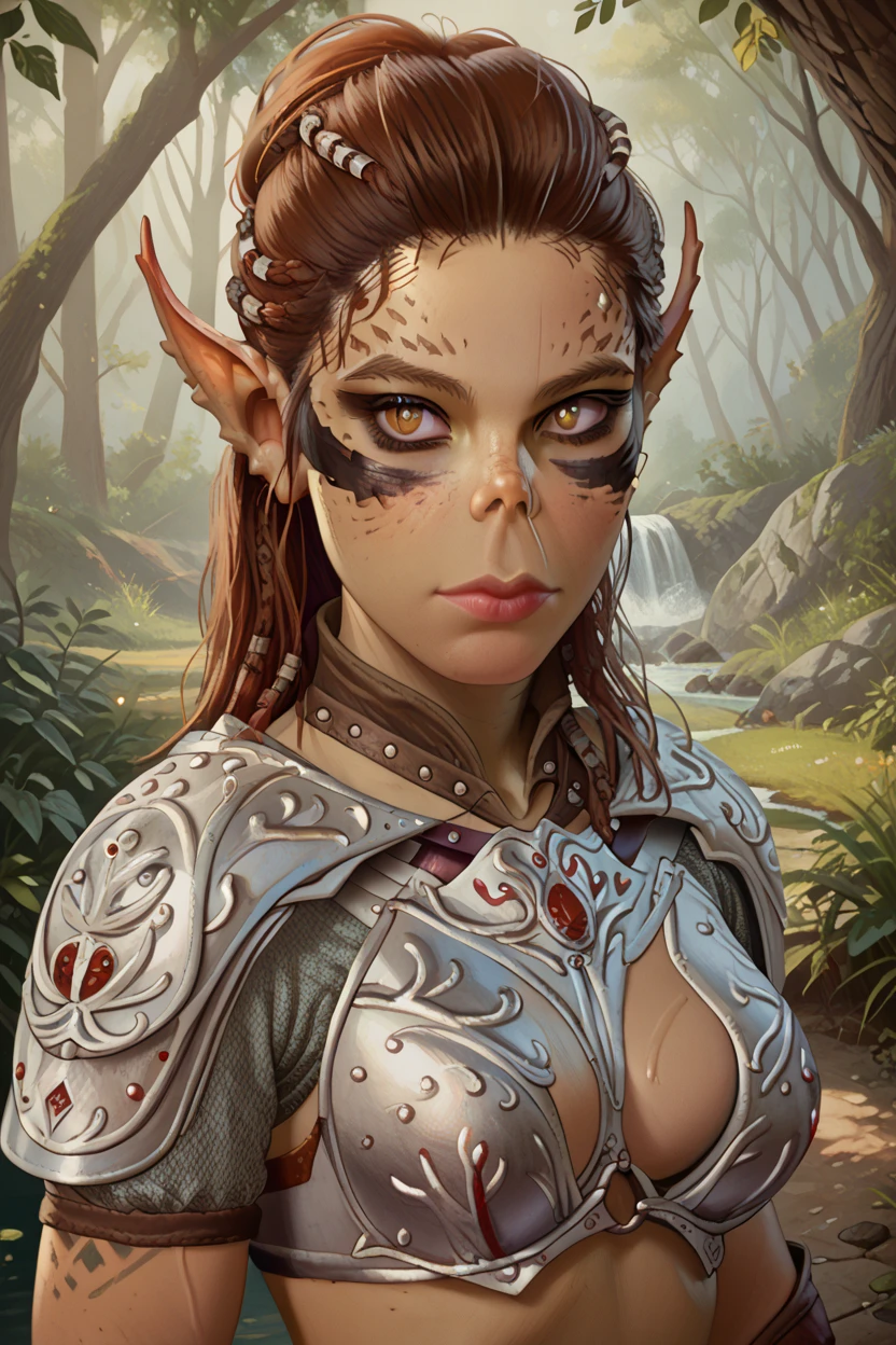 , BGLAEZEL  ,  Medieval environment, 1 girl,  brown hair ,  colored leather ,  pointy ears ,  looking at the viewer, In an ancient forest,  bikini armor, stupid, 