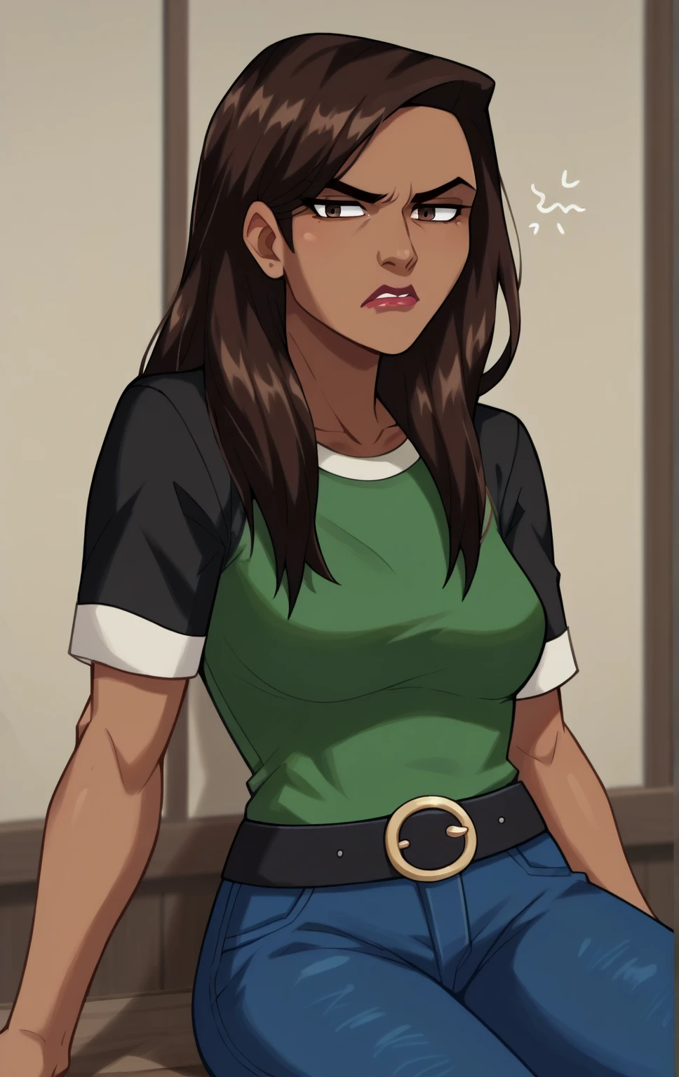 score_9,score_8_up,score_7_up BREAK WhiteTigerMarlo,1girl,solo,long hair,brown hair,green shirt,brown eyes,belt,dark skin,dark-skinned female,lipstick,short sleeves, cowboy shot,room,room background,sitting, blue pants, black leather jacket, annoyed exporession 