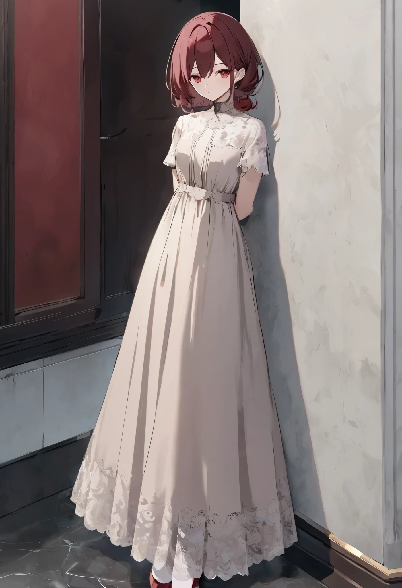dark red hair, red eyes ,whole body,male,Dress,quiet