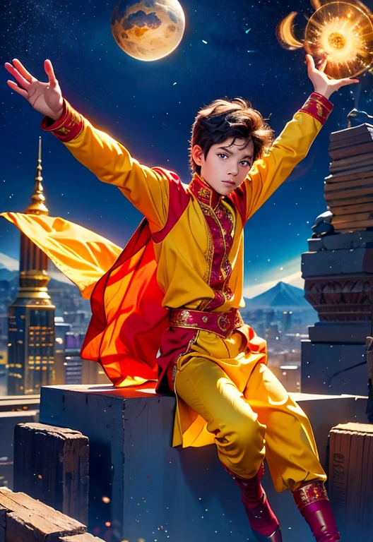  High-quality masterpiece ,  official art ,  Beautifully aesthetically pleasing , 1 Alibaba guy,  highly detailed ,  fractal art , A colorful masterpiece, The most detailed. boy flies on a magic airplane carpet over a modern city with skyscrapers! bright , sparkling golden background, gallactica  ,  stars , confuse, A whirlwind of colors , A fantasy masterpiece , soft smile,  pupils in the center of the eyes