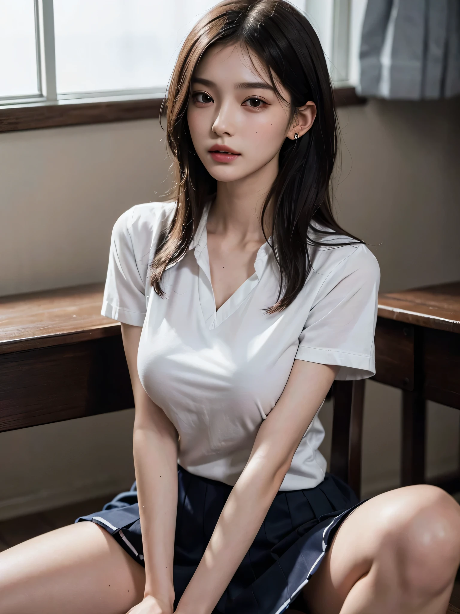 8k, RAW Photos, highest quality, masterpiece:1.2), masterpiece, highest quality, shape, Very detailed, Fine details, High resolution, 8k,wallpaper, Perfect dynamic composition,(High quality with attention to detail, Realistic depiction of eyes:1.3)、Hands tied、A woman tied up、Put your arms around my back, Tie your hands behind your back, Sitting on the bright gym floor with feet together and knees bent、with legs wide open,、Tartan Check Pleated Skirt、whole body、White panties are visible、The whole is facing forward、21talent、beauty、Well-formed face、Even out the eyes、Beautiful black hair、Bangedium Build、Balanced proportions、Beautiful feet、Short sleeve blouse、Fresh Face、Beautiful views、