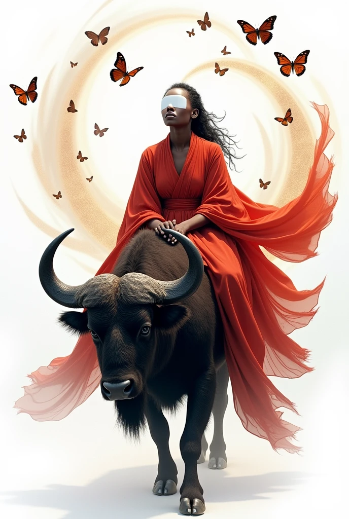 portrait of a woman in a red dress with bulls and butterflies around, african mythology, dark-skinned female goddess of love, Queen African, stunning african princess, Dona africana, black african princess, arte linda, african princess, featured art, Afrocentric mysticism, by Galen Dara, the butterfly goddess of fire, african arts, Stunning works of art, lover domme africana, goddess of lightning, Climatic face, defined hands, semirealistic