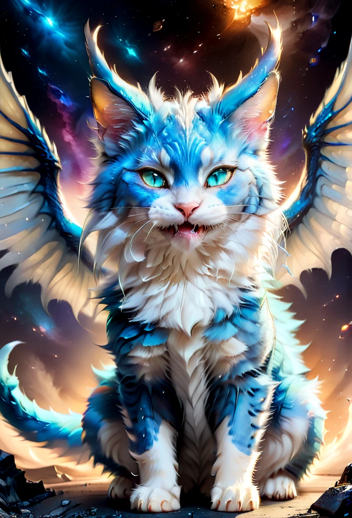 full body, feral, hybrid between cat and furred dragon, white and blue fur, wings, horns, tail, chest fluff, paws, fangs, ton back, faded blue eyes, a quadruped creature, detailed fur, intricate textures, detailed background, space, battlefield, dramatic lighting, muted color palette, cinematic composition, ultra-detailed, 8k, photorealistic, masterpiece