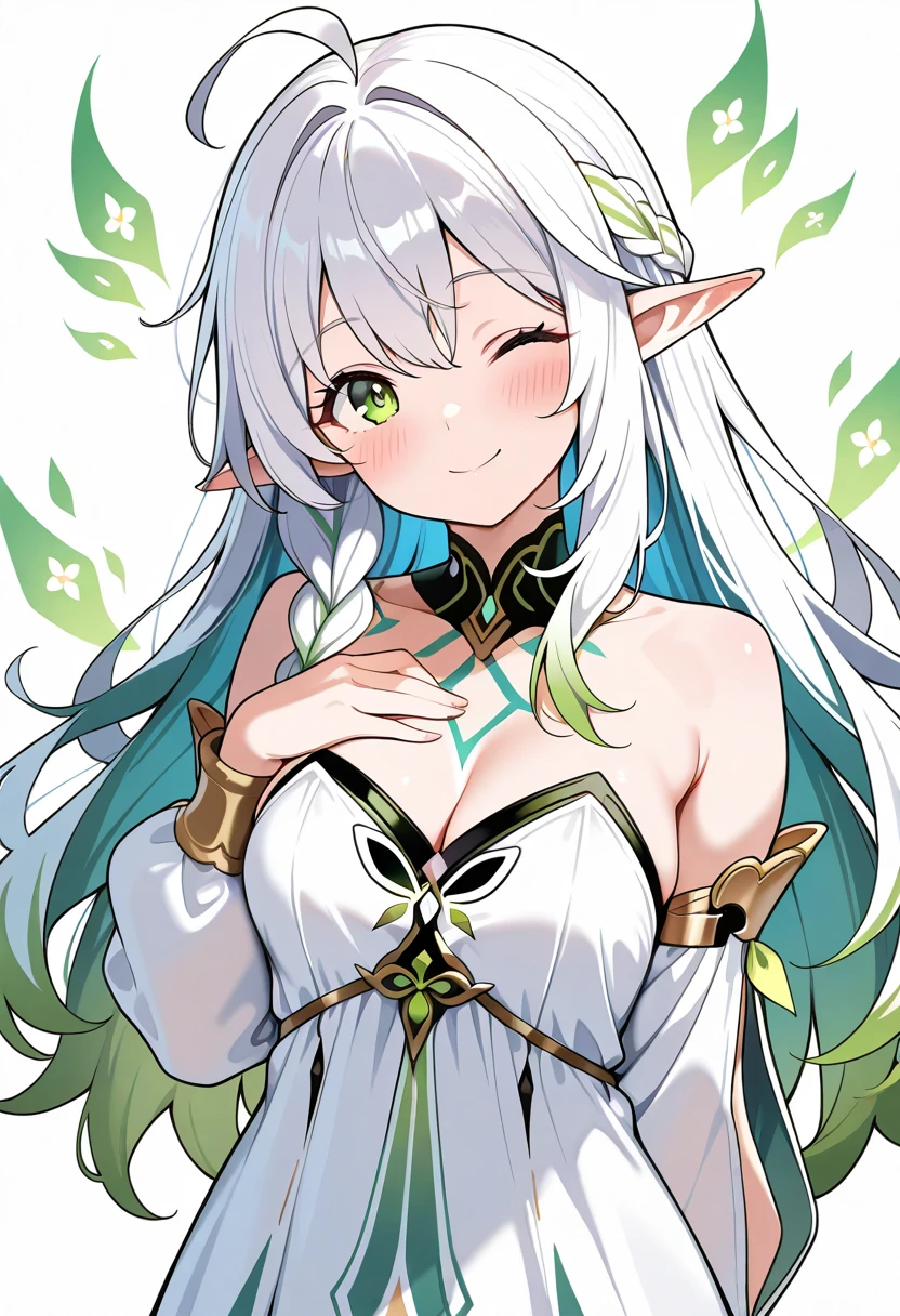 artist:gunjyou_\(gunjyou_00\), 1girl, solo, Rukk, body markings, long hair, braid, white hair, green colored tips, green eyes, wink, ahoge, pointy ears, strapless dress, white dress, detached sleeves, white sleeves, cleavage, long sleeves, long skirt, white skirt, loose dress, motherly, smile, blush, medium breasts, standing, upper body, hand on chest, green aura, looking at viewer, head tilt, white background, simple background, masterpiece, best quality, amazing quality, very aesthetic, high resolution