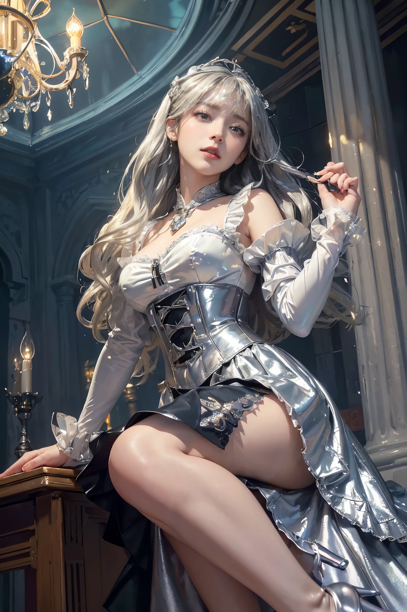 masutepiece、hight resolution、Gothic ta costumes、10,000 colors、colourfull、Craftsmanship、1girl with、9th class、Look at the viewer、smil、Okappa、Diamond brilliance、colorful decorations、Particles of light flutter、Detailed Gothic style、(maximalism:1.5)、diffuse lighting、(depth of fields:1.8)、gothic lorita、Diffuse reflection of light、((Background ratio:65%)、high-heels、The background is a beautiful chandelier inside the castle、Glitter background、Beautiful stained glass museum、Angle from above the knee、Breasts are small and B size、A slender、Cleavage is visible。legs are thin and beautiful,the skin is white and transparent,high-heels、Gold Anklet、