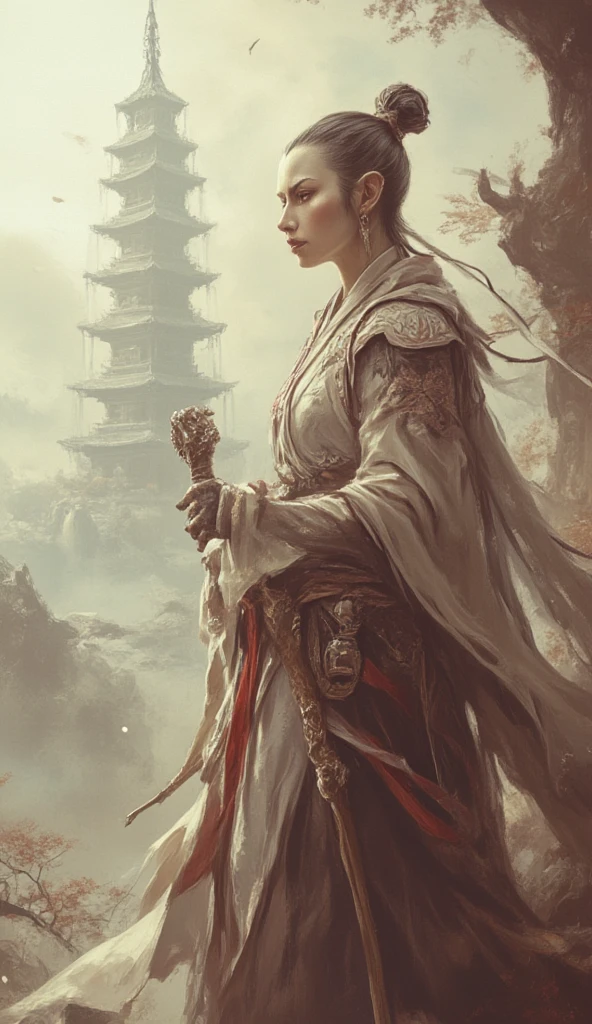 A sleek crane warrior in flowing silk robes, holding a staff, standing near a peaceful pagoda.
