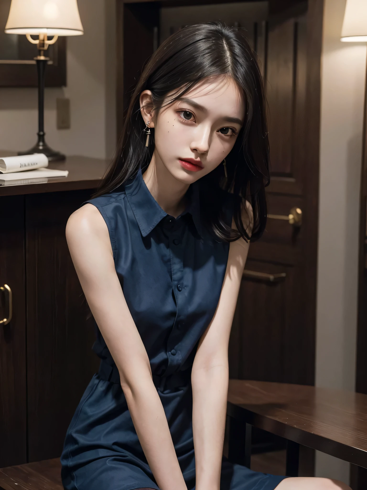 absurdres, RAW photo, extremely delicate and beautiful, masterpiece, Best Quality, ultra high resolution, 32k, hyperrealistic, ultra-detailed, perfect anatomy, anatomically correct, perfect figure, Perfect Style, Perfect balance, super Detailed skin, in her 30s, very Slim body, narrow waist, very small head, very small face, delicate facial features, handsome detailed woman, very detailed eyes and face, realistic face proportions, Realistic beautiful face, Realistic beautiful eyes, tearful mole, earring, huge round tits, (full body shot:1.2), (whole legs:1.2), medium hair, dark blonde hair, asymmetrical hair, indoor, (collared navy button shirt dress:1.2), (sleeveless:1.2),