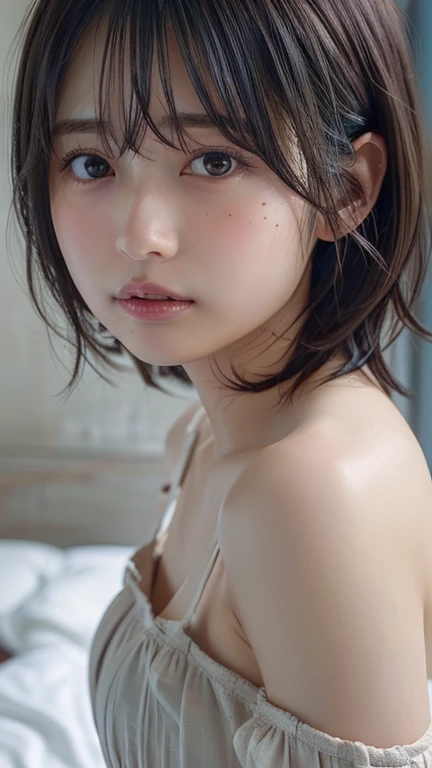 ((masterpiece,  top quality ,  high res)),  1 Japanese Girl , ( realistic : 1.4),  excited、 Amazing Face , glossy lips 、 short hair, Brown Hair、( beautiful hair:1.5),  camisole、 beautiful legs、 on the bed、staring、 front angle, smooth,  Highly Detailed CG Composite 8K Wallpaper,  high resのRAWカラー写真, Professional photography, light, Backlight,  dreamy, Impressive,  written border depth, ( face close-up :1.5)、 small tits、mole、 selfie、 teardrop bags、 shoulder out
