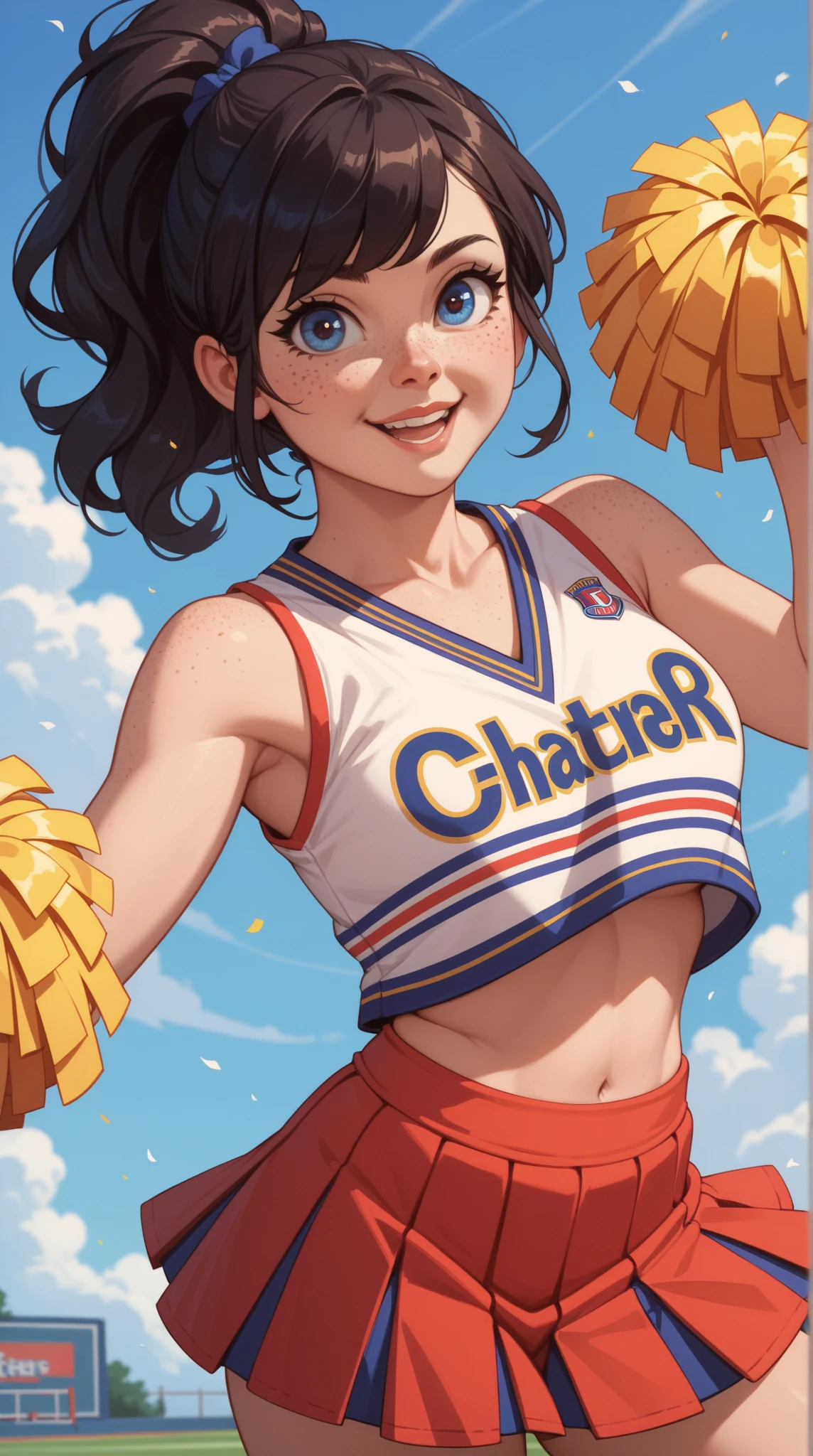 looking at viewer, happy, <lora:CheerleaderCL:0.6> CheerleaderCL, pom_pom_(cheerleading), holding pom poms, cheerleader uniform, skirt, croptop, best quality, masterpiece, highres, <lora:more_details:0.65>, 1girl, solo, <lora:Orc Girl LoRA:0.5>, <lora:ColoredSkin:0.9>, beautiful girl, pointy ears, (malicious grin):2, (dark green skin):2, big high ponytail, black hair:2, green pupils, <lora:So-called breasts slider:-0.4> large breasts, medieval town, outdoors, colorful banners, cobblestone streets, bustling, lively