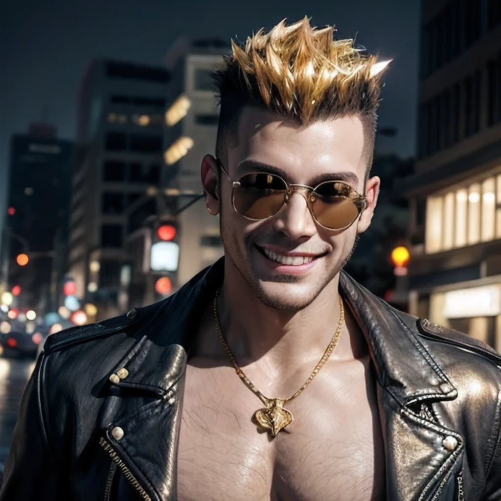 masterpiece, best quality, ultra-detailed, realistic, (1man, gold mohawk, smile:1.3),(leather jacket),(sunglass),(nacklace), BREAK (road),(cinematic lighting:1.2),(arms wide)