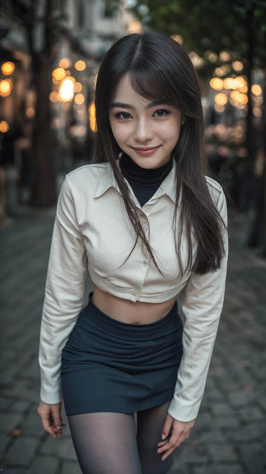 An enchanting Chinese girl 18 years old, long black hair, wearing a deep V, standing in the ruins of the city 8k Ultra HD, DSLR, Film Grain, Fujifilm XT3, (Best quality: 1.3), (Masterpiece: 1.1), High resolution, cinematic light, Intricate details, (realistic), outside, beautiful outside, sunny with dimples, short hair, looking at the audience, (smiling), (full body: 1.6), slender, --auto --s2