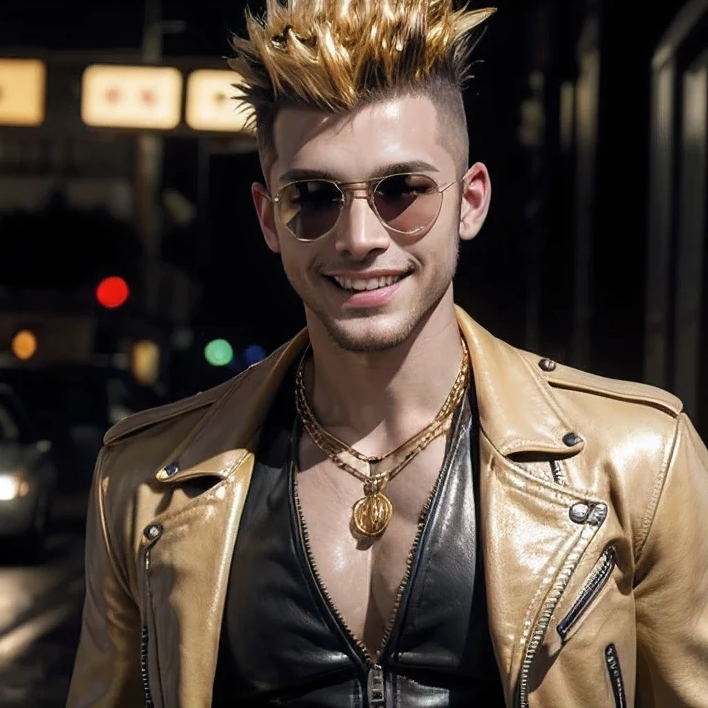 masterpiece, best quality, ultra-detailed, realistic, (1man, gold mohawk, smile:1.3),(leather jacket),(sunglass),(nacklace), BREAK (road),(cinematic lighting:1.2),(arms wide)