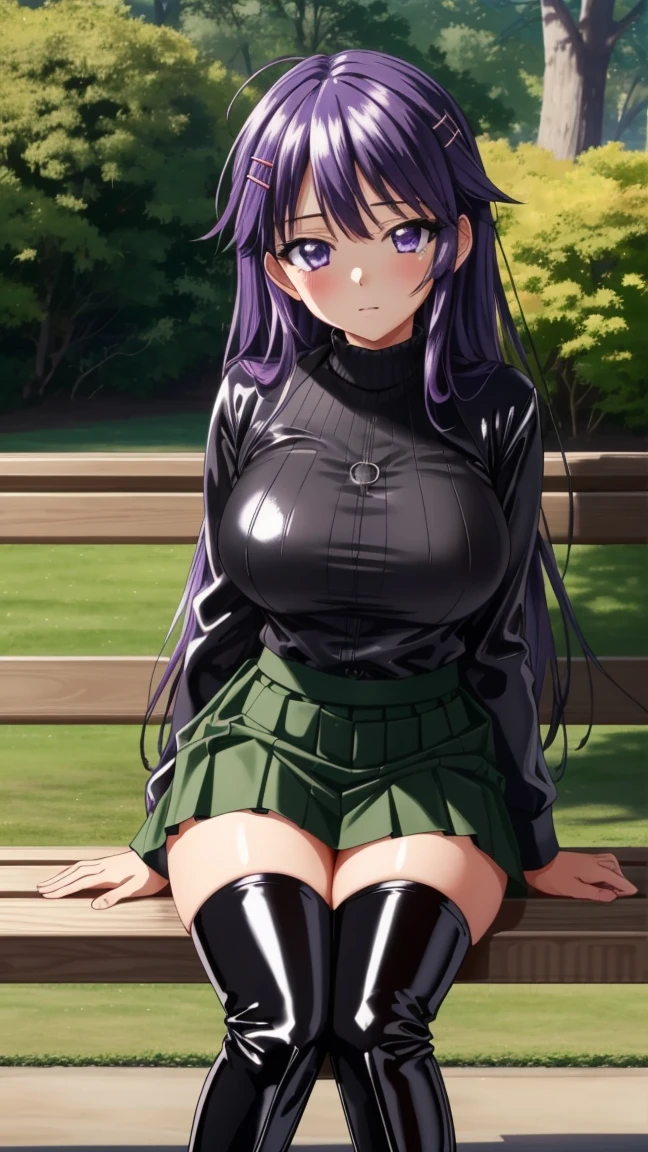 8k Masterpiece , highest quality,  High definition ,  very detailed face , detailed computer graphics, one,   girl , Chizuru-chan Kaihatsunikki, mature,  sexy ,  purple hair ,  long hair ,  hair clip ,   purple eyes,  ((black latex pleated skirt, white turtleneck , black stockings, black leather boots )),  ( large breasts ),  closed mouth , Fascinating dispassionality , With confidence,  enjoying , One, stylish pose, stylish corner,  Looking at the viewer ,  in the center of the image ,  cowboy shot , City Park sitting on a bench. anatomy is correct,  perfect face,  perfect hair ,  perfect eyes ,  perfect body,  perfect breasts, perfect hands, flawless skin
