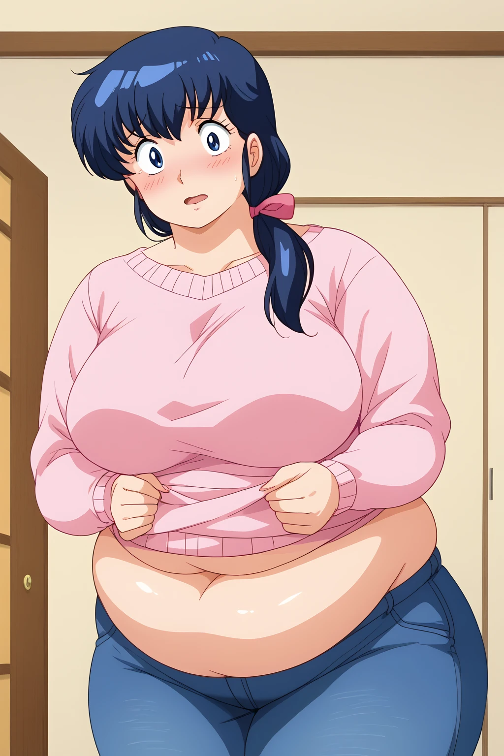 Otonashi Kyoko, Kyoko Otonashi　Maison Ikkoku,  long hair, 紺色の髪,low ponytail, pink barrette ribbon, Dark blue eyes,  pink sweater , Blue jeans, (Japanese-style room),milf, embarrassed expression, troubled expression, Huge saggy breasts, sloppy stomach, score_9, score_8_ up、 score_7_ up、 score_6_ up、 score_5_ up、 score_4_ up、 Masterpiece 、 top quality 、 very aesthetic、 absurd, source ,  anime screencap, one woman、Alone、 personal , fat boobs, fat belly, wide hips, Curvy、 chubby,  obese 、