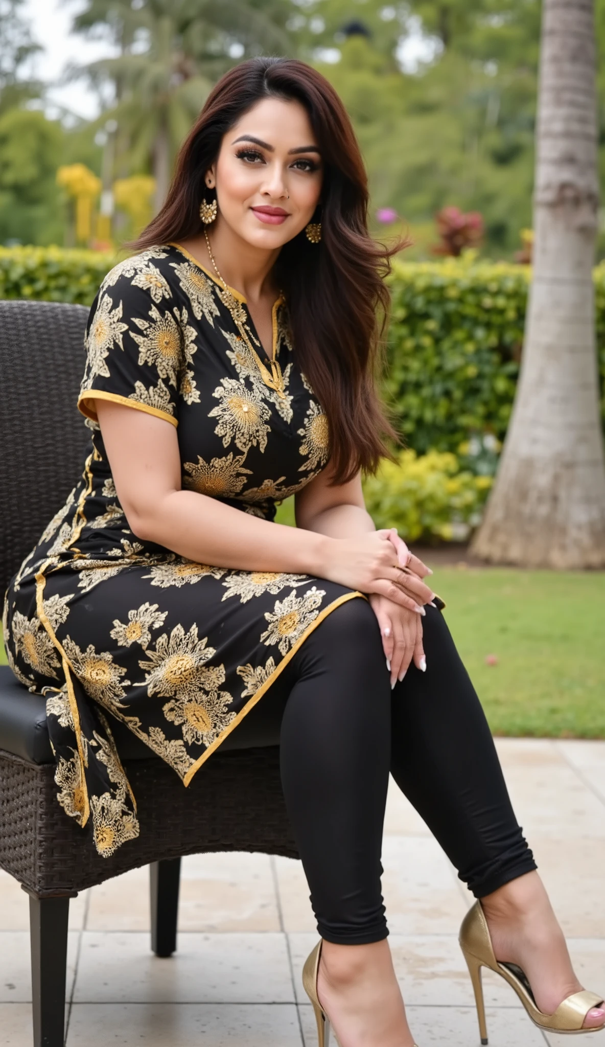 I am 50 year old plus size tall and big giant indian muslim women, looking like indian actress hansika motwani, wearing a black and golden colour indian printed Sleevless knee length kurti and shining reflective glossy silver leggings and black hijab,white-skin,white skin tone, beautiful face, red lips, clean skin, celebrity face, thick leggs, round ass,bulging ass,huge breast,scooping D cup Breast,long polished nails,6 inch gold and red mix stileto heels,women sitting on a stool side view only in garden,women have huge bulging ass, happy face,looking the viewer,realistic photo,full body image,wide angle shot in camera, realistic photo, looking on camera for a snap,a quarter back side view of women,UHD photo