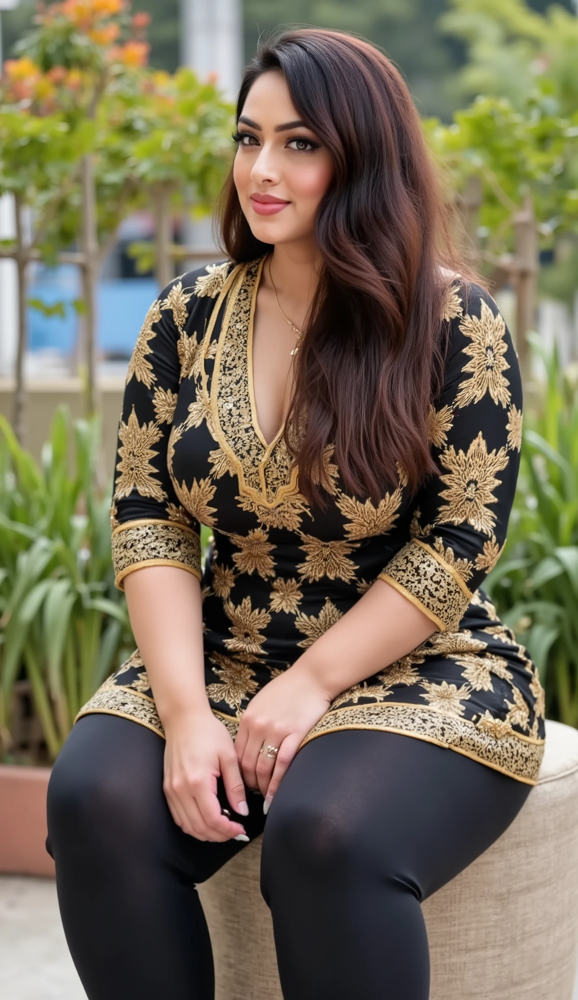 I am 50 year old plus size tall and big giant indian muslim women, looking like indian actress hansika motwani, wearing a black and golden colour indian printed Sleevless knee length kurti and shining reflective glossy silver leggings and black hijab,white-skin,white skin tone, beautiful face, red lips, clean skin, celebrity face, thick leggs, round ass,bulging ass,huge breast,scooping D cup Breast,long polished nails,6 inch gold and red mix stileto heels,women sitting on a stool side view only in garden,women have huge bulging ass, happy face,looking the viewer,realistic photo,full body image,wide angle shot in camera, realistic photo, looking on camera for a snap,a quarter back side view of women,UHD photo