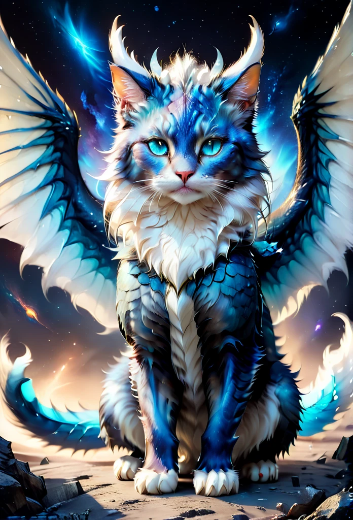 full body, feral, hybrid between cat and furred dragon, white and blue fur, wings, horns, tail, chest fluff, paws, fangs, ton back, faded blue eyes, a quadruped creature, detailed fur, intricate textures, detailed background, space, battlefield, dramatic lighting, muted color palette, cinematic composition, ultra-detailed, 8k, photorealistic, masterpiece