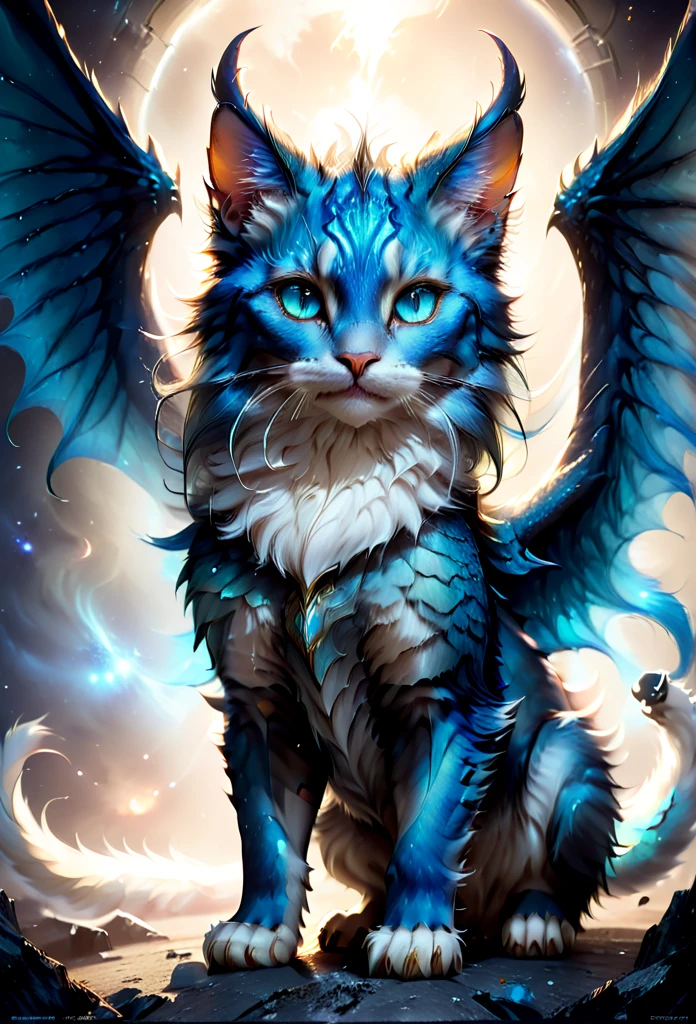 full body, feral, hybrid between cat and furred dragon, white and blue fur, wings, horns, tail, chest fluff, paws, fangs, ton back, faded blue eyes, a quadruped creature, detailed fur, intricate textures, detailed background, space, battlefield, dramatic lighting, muted color palette, cinematic composition, ultra-detailed, 8k, photorealistic, masterpiece